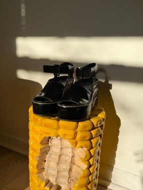 Celine Black Patent Leather Platform Wedge Sandals